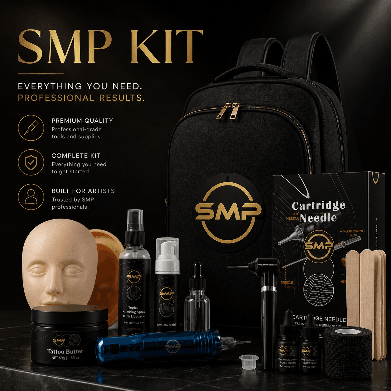 The complete SMP training kit — backpack, machine, ink, practice mannequin, cartridge needles, foam soap, tattoo balm and full pro supplies